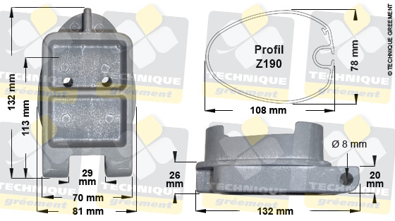Dimensions pied de mât pour Profil Z190 - 3220 - Pour emplanture large 1101