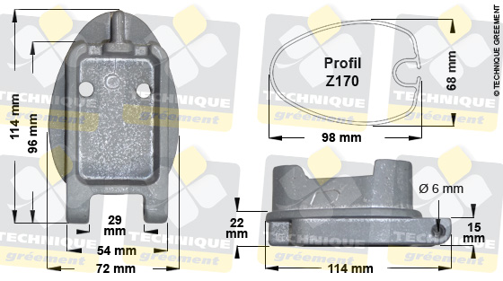 Dimensions pied de mât pour Profil Z170 - 3229 - Pour emplanture étroite 1100