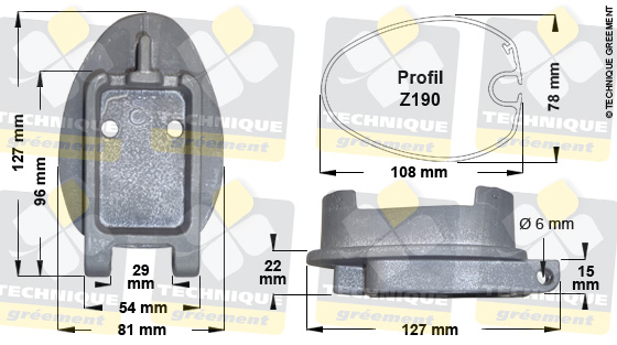 Dimensions pied de mât pour Profil Z190 - 3230 - Pour emplanture étroite 1100