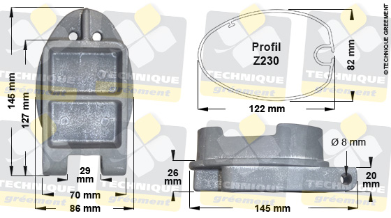 Dimensions pied de mât pour Profil Z230 - 3231 - Pour emplanture large 1101