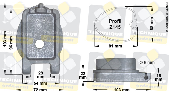 Dimensions pied de mât pour Profil Z145 - 3235 - Pour emplanture étroite 1100